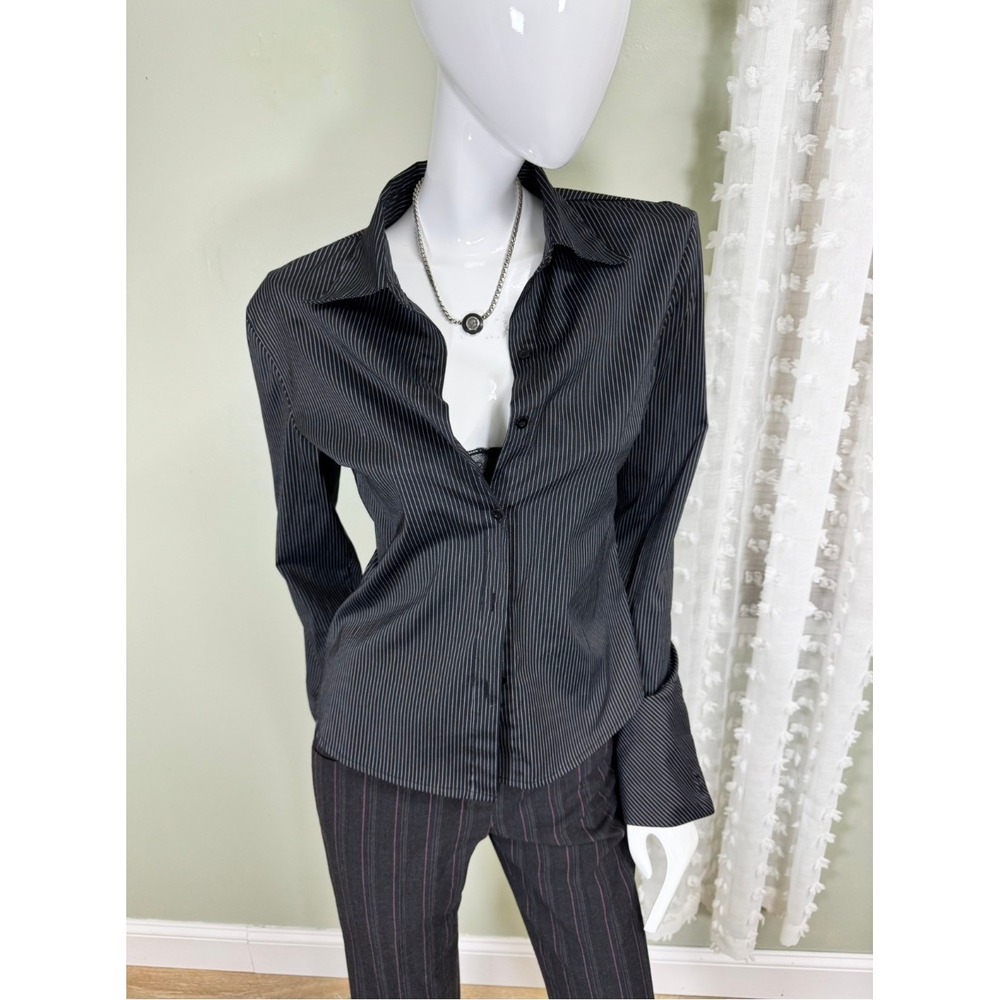 Y2K Stretch Pinstripe Button-Up Shirt w/ French Cuffs Petite Medium‎ Office